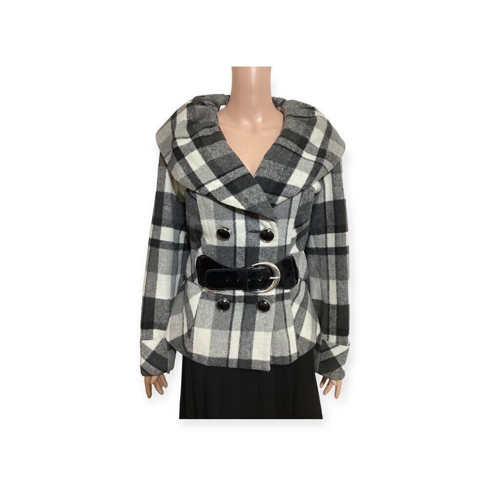 Linea Domani Black & White Plaid Cowl Neck Belted Coat 10